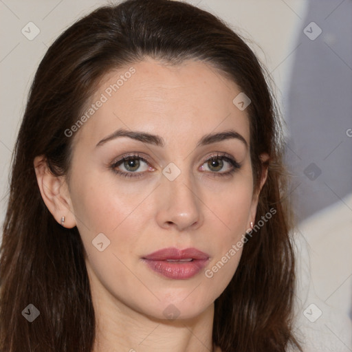 Neutral white young-adult female with long  brown hair and brown eyes