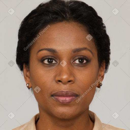 Neutral black young-adult female with short  brown hair and brown eyes