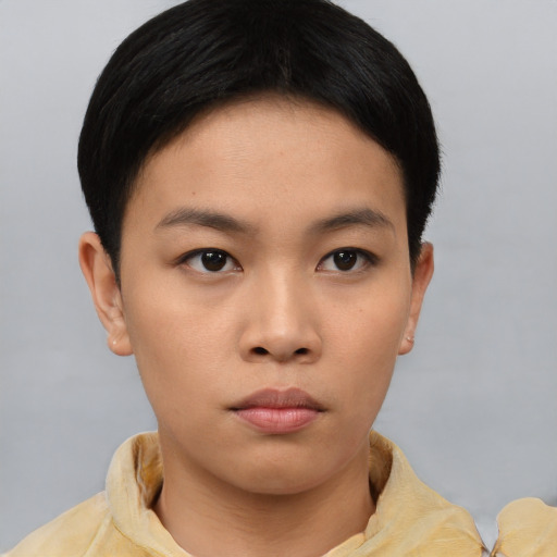 Neutral asian young-adult female with short  brown hair and brown eyes