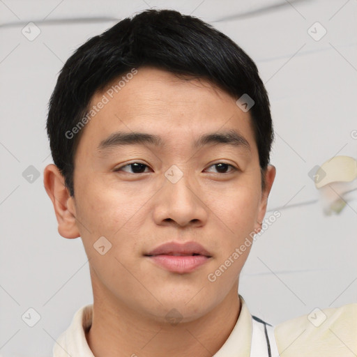 Neutral asian young-adult male with short  brown hair and brown eyes