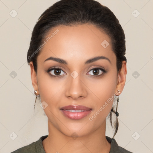 Joyful latino young-adult female with long  black hair and brown eyes