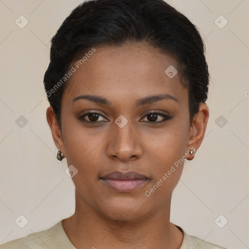 Neutral black young-adult female with short  brown hair and brown eyes