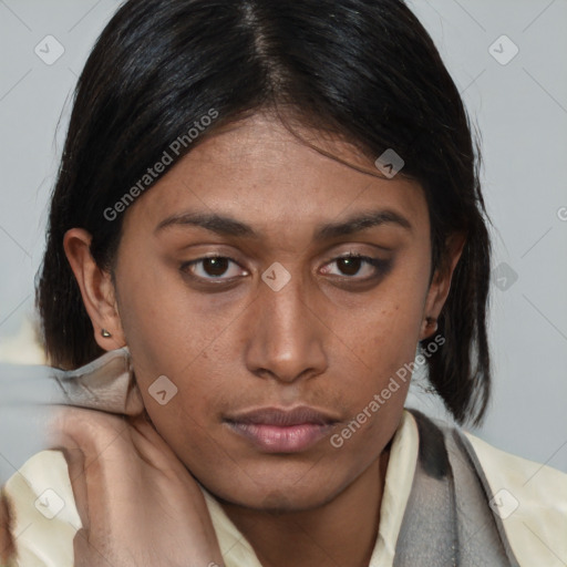 Neutral asian young-adult female with medium  brown hair and brown eyes