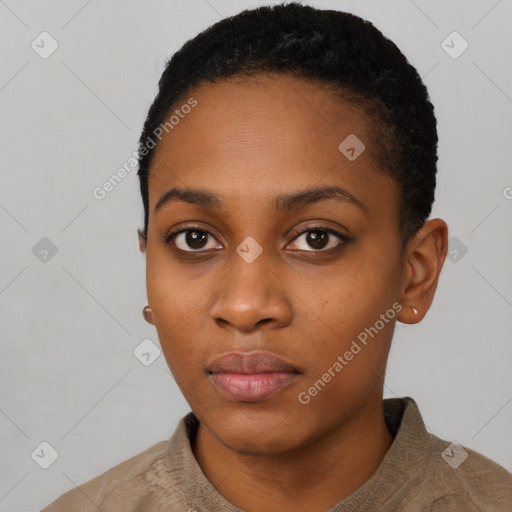 Neutral black young-adult female with short  black hair and brown eyes