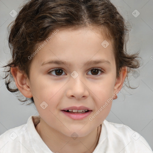 Joyful white child female with medium  brown hair and brown eyes