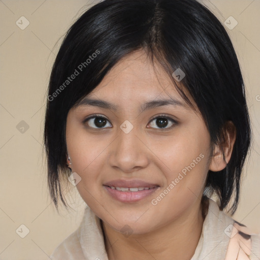 Joyful asian young-adult female with medium  brown hair and brown eyes