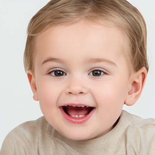 Joyful white child female with short  brown hair and grey eyes