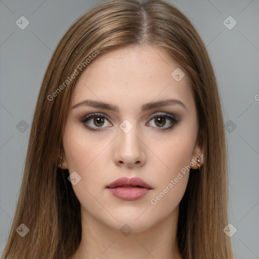 Neutral white young-adult female with long  brown hair and brown eyes