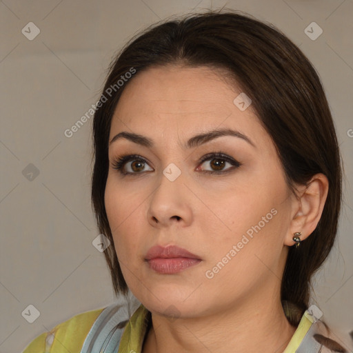 Neutral white young-adult female with medium  brown hair and brown eyes