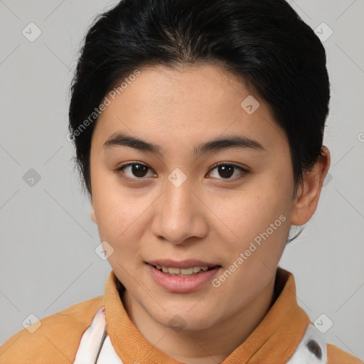 Joyful asian young-adult female with medium  brown hair and brown eyes