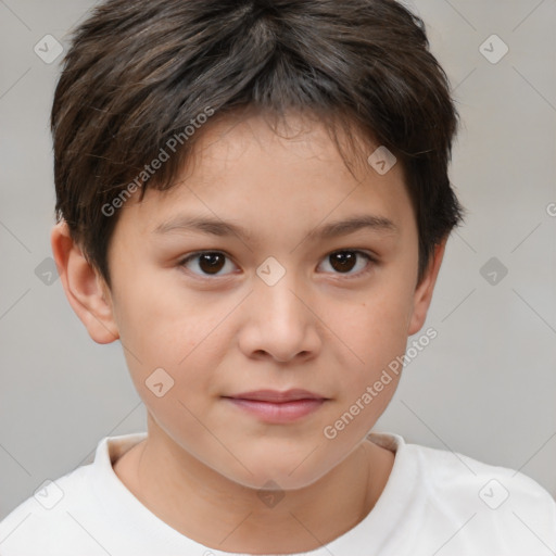 Joyful white child female with short  brown hair and brown eyes