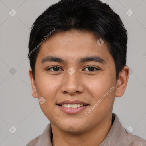 Joyful asian young-adult male with short  brown hair and brown eyes