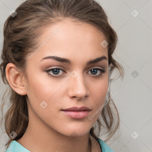 Neutral white young-adult female with medium  brown hair and brown eyes