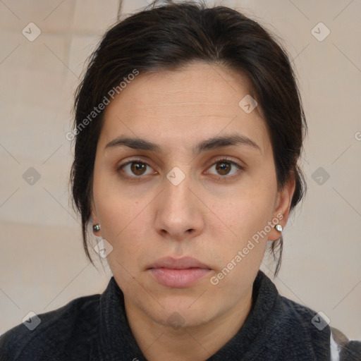 Neutral white young-adult female with medium  brown hair and brown eyes