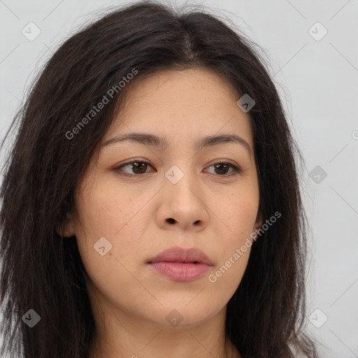 Neutral asian young-adult female with long  brown hair and brown eyes