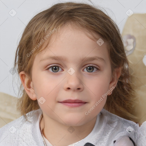 Neutral white child female with medium  brown hair and grey eyes