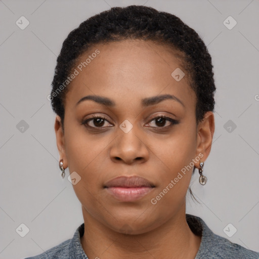 Neutral black young-adult female with short  black hair and brown eyes