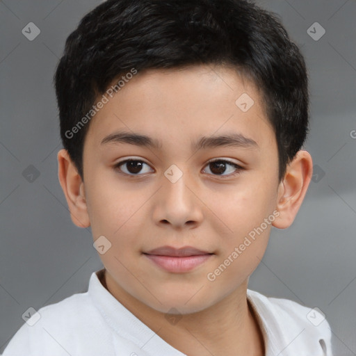 Joyful white child male with short  brown hair and brown eyes