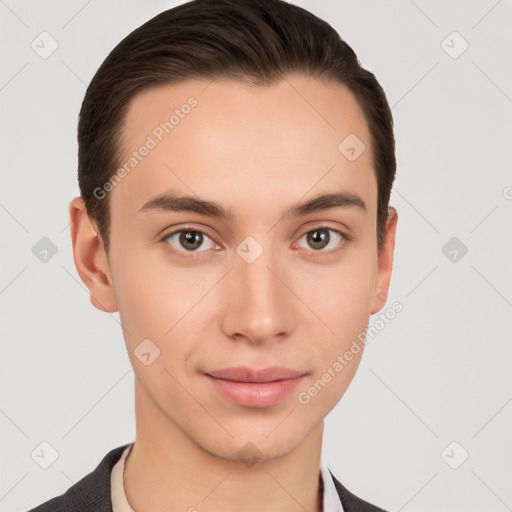 Joyful white young-adult male with short  brown hair and brown eyes