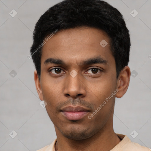 Neutral latino young-adult male with short  black hair and brown eyes