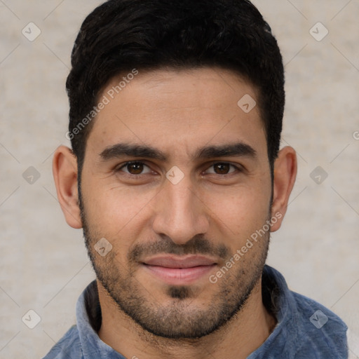 Joyful white young-adult male with short  black hair and brown eyes