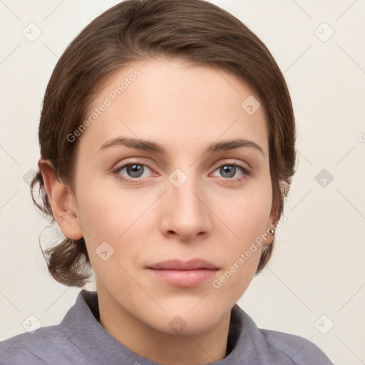 Neutral white young-adult female with medium  brown hair and grey eyes