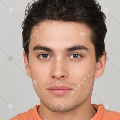 Neutral white young-adult male with short  brown hair and brown eyes