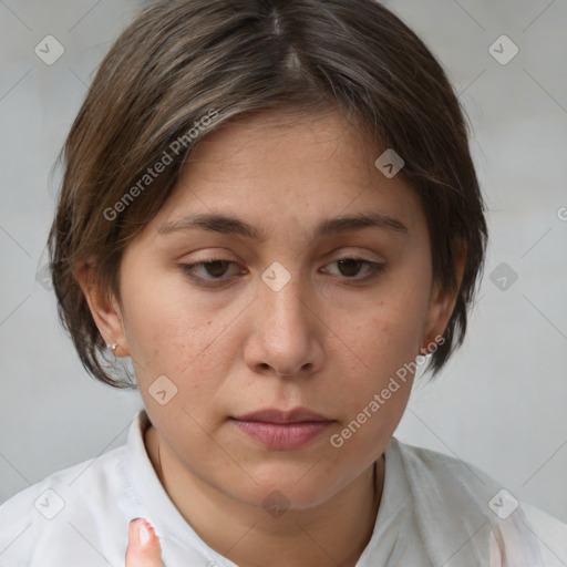 Neutral white young-adult female with medium  brown hair and brown eyes