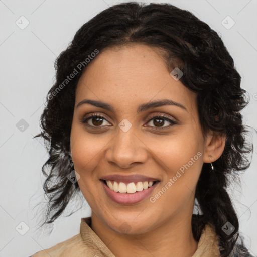 Joyful latino young-adult female with long  brown hair and brown eyes