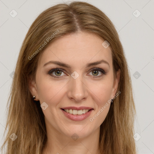 Joyful white young-adult female with long  brown hair and brown eyes