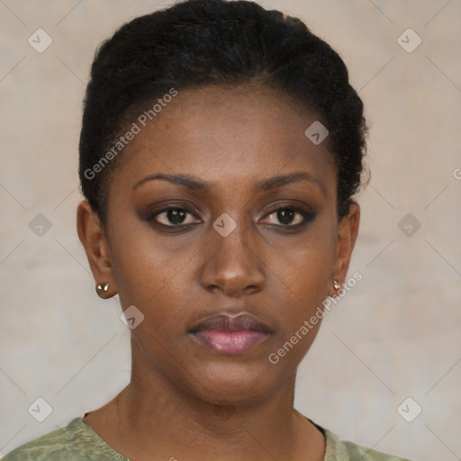 Neutral black young-adult female with short  brown hair and brown eyes