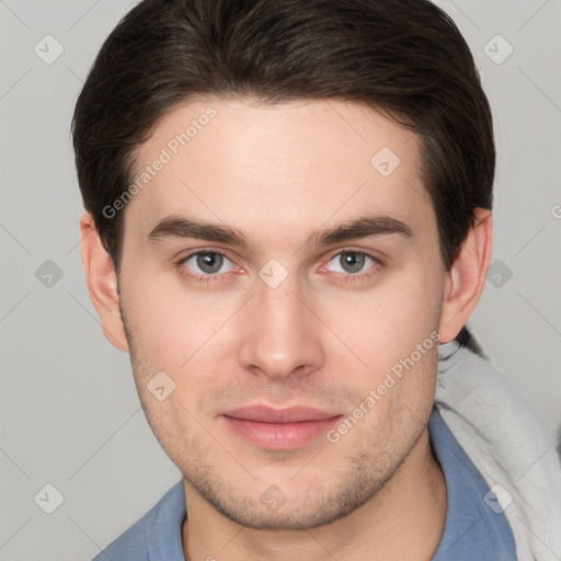 Neutral white young-adult male with short  brown hair and brown eyes