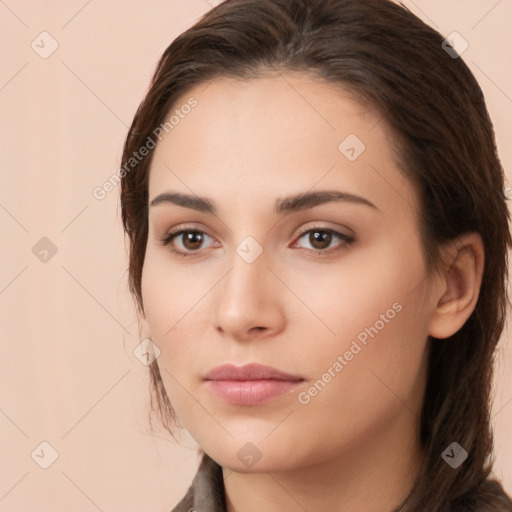 Neutral white young-adult female with long  brown hair and brown eyes