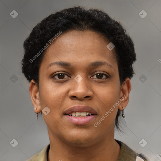 Joyful latino young-adult female with short  brown hair and brown eyes