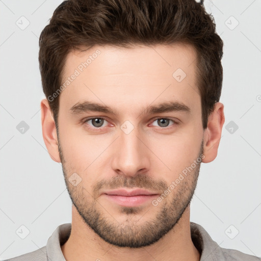 Neutral white young-adult male with short  brown hair and brown eyes