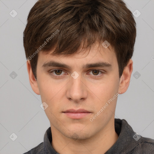 Neutral white young-adult male with short  brown hair and brown eyes