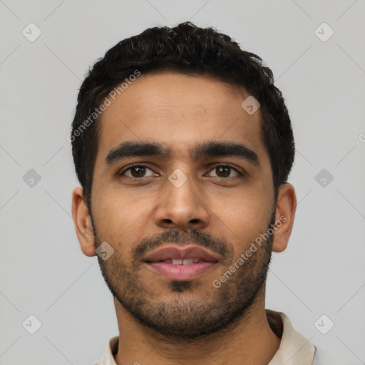 Neutral latino young-adult male with short  black hair and brown eyes