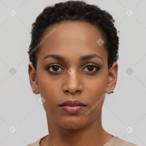 Neutral black young-adult female with short  black hair and brown eyes