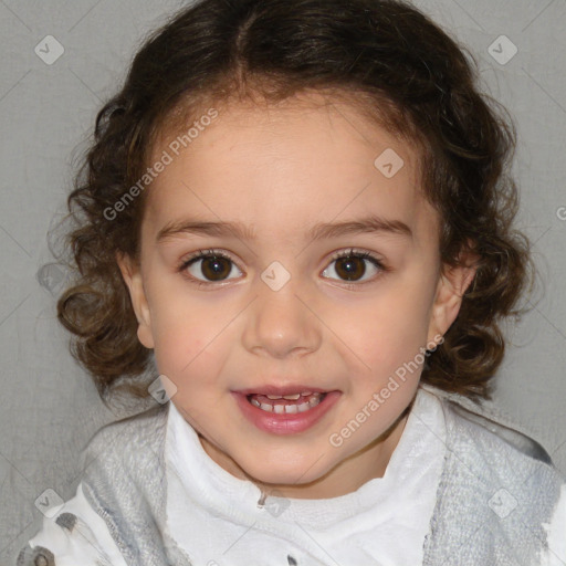 Joyful white child female with medium  brown hair and blue eyes