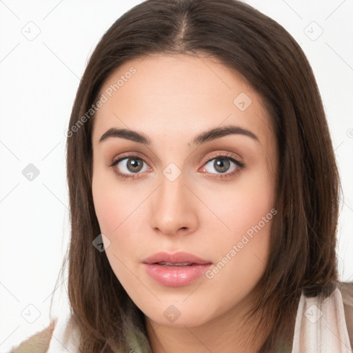 Neutral white young-adult female with long  brown hair and brown eyes