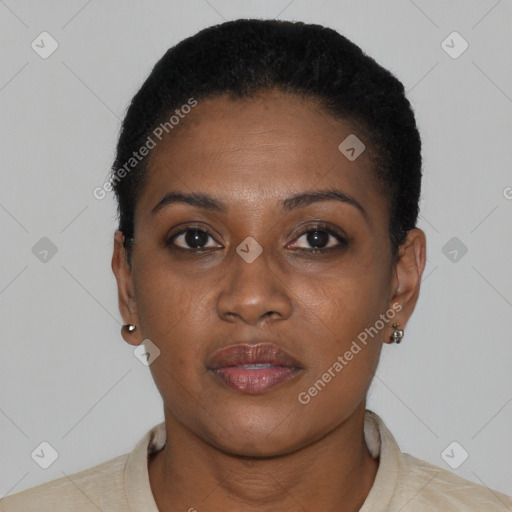 Neutral black young-adult female with short  black hair and brown eyes