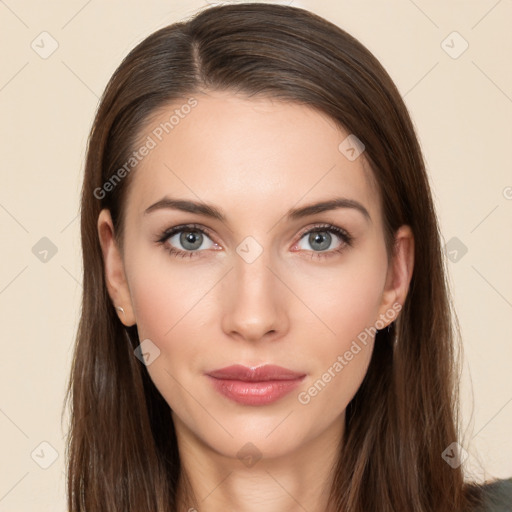 Neutral white young-adult female with long  brown hair and brown eyes