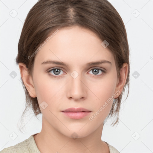 Neutral white young-adult female with medium  brown hair and grey eyes