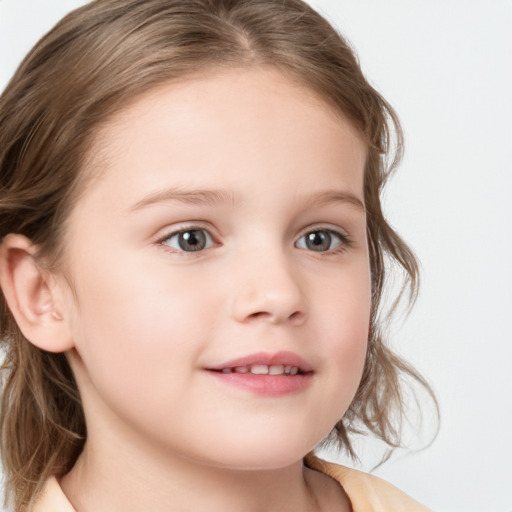 Joyful white child female with medium  brown hair and blue eyes