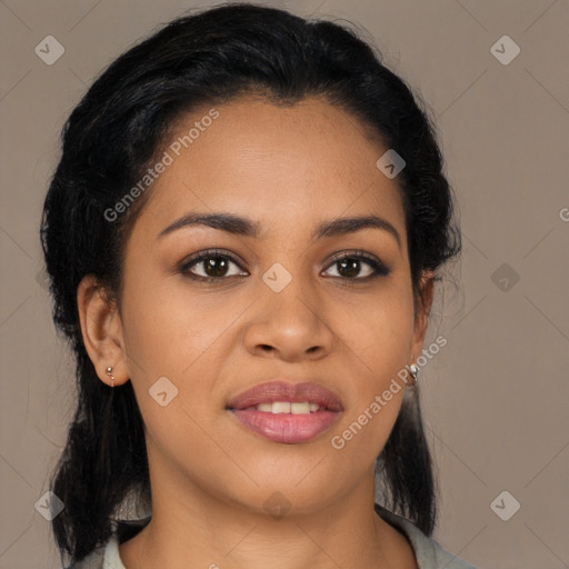 Joyful latino young-adult female with long  black hair and brown eyes