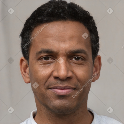 Joyful latino adult male with short  black hair and brown eyes