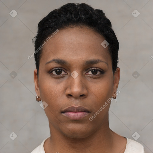 Neutral black young-adult female with short  black hair and brown eyes