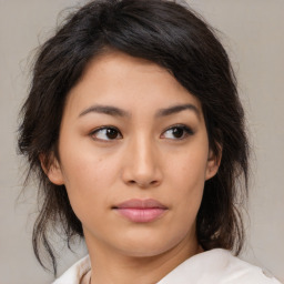 Neutral asian young-adult female with medium  brown hair and brown eyes