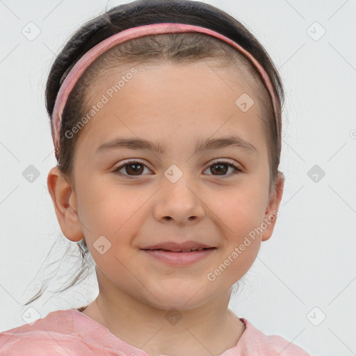 Joyful white child female with short  brown hair and brown eyes