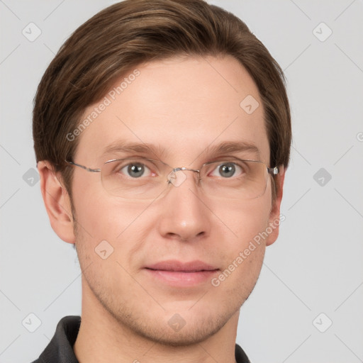 Joyful white adult male with short  brown hair and grey eyes